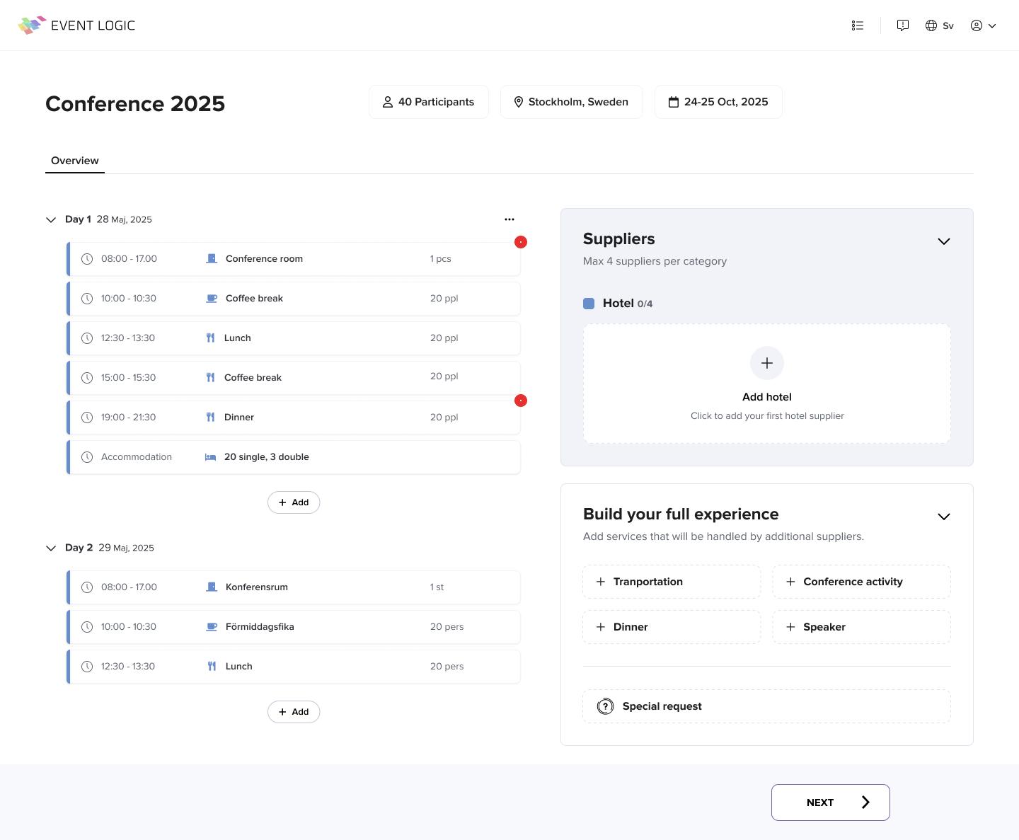 Event Logic schedule view — conference with hotel summary